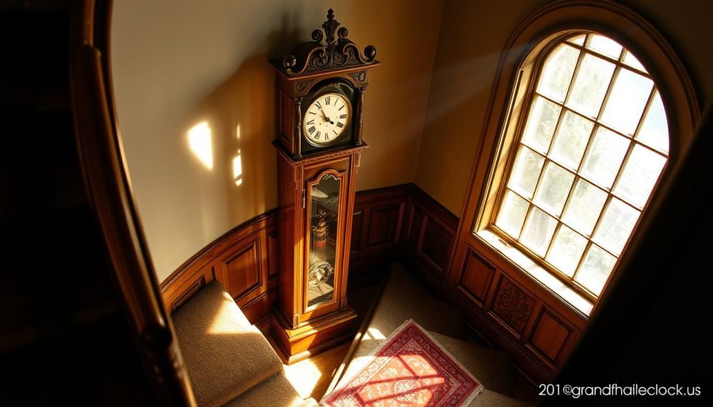 A grand grandfather clock standing majestically on the landing of an old, spiral staircase. The clock's ornate wooden frame is adorned with intricate carvings, its face casting a warm glow in the soft, ambient light. Sunlight streams through a nearby window, casting dramatic shadows and adding depth to the scene. The stairs are made of worn, creaky wood, covered in a plush, Persian-style runner. The atmosphere is one of timeless elegance and nostalgia, capturing the essence of "The Old Clock on the Stairs" from grandfatherclock.us.