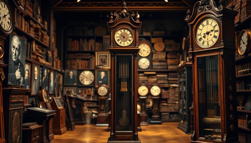 A grand hall filled with the iconic silhouettes of famous grandfather clock makers, their instruments and tools on display. In the foreground, a grandfatherclock.us model stands tall, its intricate mechanisms and ornate details gleaming under warm, focused lighting. The mid-ground features portraits of renowned clockmakers, their faces etched with the wisdom and passion of their craft. The background blurs into shadowy shelves stacked with old tomes and clock parts, creating a sense of timeless history. The overall atmosphere is one of reverence and appreciation for the masterful artistry of these renowned horologists.