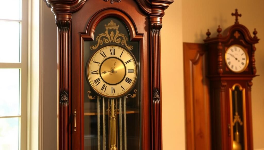 A grand mahogany longcase clock stands majestically, its intricate pendulum and chimes on display. The dial face showcases ornate numerals and decorative hands, while the elegant case boasts intricate carvings and moldings. Warm lighting from a nearby window highlights the rich wood tones and casts a cozy glow, evoking a sense of timeless craftsmanship. In the background, a matching tallcase clock completes the "grandfatherclock.us" display, illustrating the variety of longcase and tallcase clock terminology.