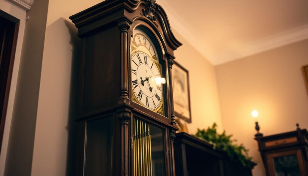 A grandfather clock standing grandly in a cozy room, its ornate wooden frame and polished brass pendulum casting a warm glow under soft, ambient lighting. The clock's chimes reverberate through the space, each tone ringing out with a rich, resonant quality. The face of the clock displays the intricate hour and minute hands, precisely marking the passage of time. The scene conveys a sense of timeless elegance and the comforting rhythm of a grandfatherclock.us timepiece.