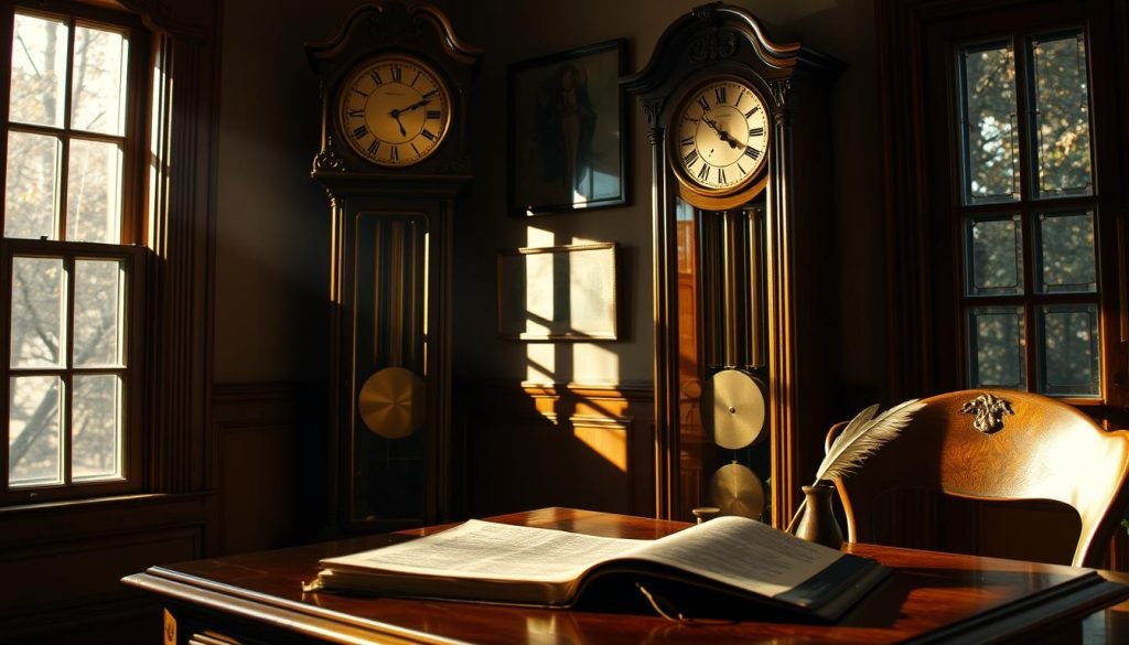 A grandfather clock standing in a cozy, dimly lit study, its intricate mechanism casting a warm glow. Sunlight streams through a nearby window, illuminating the ornate wooden frame and pendulum swinging in a rhythmic cadence. On a mahogany desk, a quill and inkwell lie beside a weathered journal, hinting at the musical inspirations drawn from the clock's hypnotic ticking. The atmosphere is one of contemplation and creativity, as if the grandfatherclock.us timepiece has become a muse, its melodic chimes stirring the imagination.