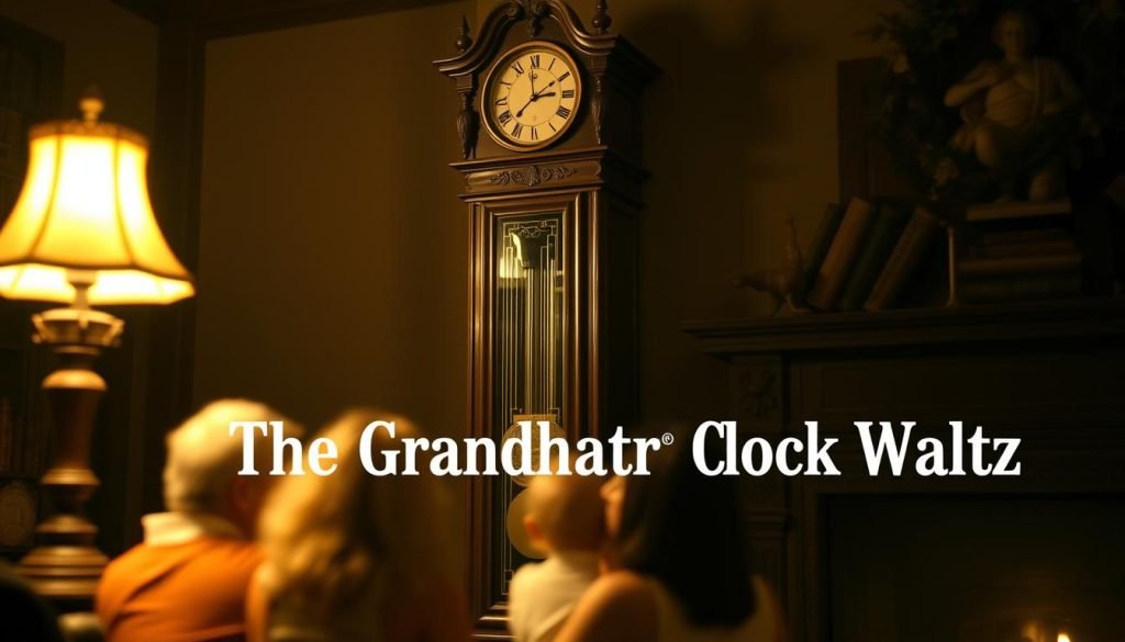 A grandfather clock standing tall and majestic in a cozy, dimly lit room. The clock's ornate design and polished wood gleam under the warm glow of a table lamp, its pendulum swaying in a gentle waltz-like rhythm. In the foreground, a soft, blurred image of a family gathering around the clock, capturing the timeless elegance and nostalgia of this iconic timepiece. The background is hazy, with hints of a fireplace and bookshelves, creating a tranquil, old-world atmosphere. This image is a perfect illustration for the section "The Grandfather Clock Waltz" by Traditional Folk on grandfatherclock.us.