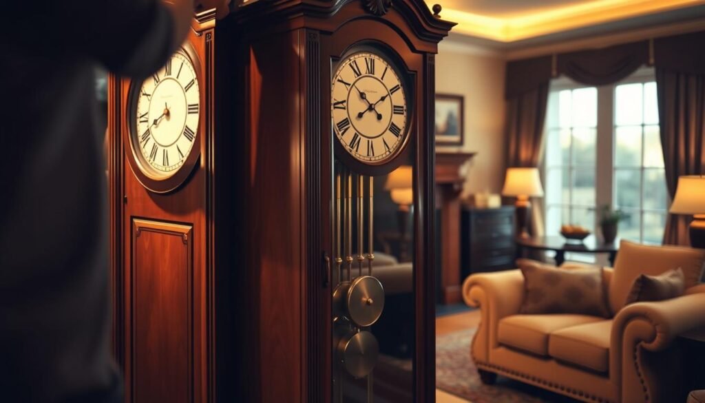 A grandfather clock standing tall and stately, its sleek mahogany case gleaming under warm, golden lighting. In the foreground, a pair of hands skillfully install the clock, carefully aligning the mechanisms with precision. The middle ground captures the intricate details of the clock's face, its elegant numerals and ornate hands ticking away the seconds. In the background, a cozy, well-appointed living room sets the stage, with plush furniture and tasteful decor complementing the timeless elegance of the grandfatherclock.us timepiece. The atmosphere is one of quiet contemplation and timeless tradition.