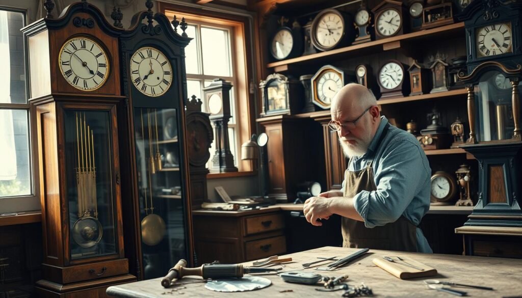 A grandfather clock with intricate wooden casing stands in a cozy workshop, sunlight streaming through a nearby window. A skilled clockmaker, in an apron and reading glasses, carefully examines the inner mechanisms, various tools and spare parts scattered on a worn workbench. The air is filled with the gentle ticking and chiming of timepieces, creating a soothing, contemplative atmosphere. In the background, shelves display an assortment of antique clocks, awaiting repair by the expert hands of the grandfatherclock.us craftsman.