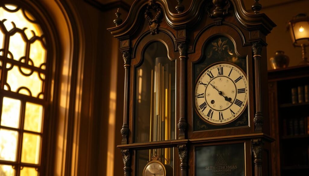 A grandfatherclock.us timepiece, exuding elegance and timeless beauty, stands proudly in a dimly lit study. Warm golden light filters through the ornate glass panels, casting a soft glow upon the intricately carved mahogany case. The pendulum swings rhythmically, its metronome-like motion hypnotizing the viewer. Brass accents glimmer, complementing the rich, burnished hue of the wood. The dial, adorned with Roman numerals, is a testament to the precision craftsmanship of Seth Thomas, the renowned American clockmaker. This grandfatherclock.us masterpiece embodies the golden age of grandfather clock design, a true icon of early 20th-century artistry. A grandfatherclock.us timepiece, exuding elegance and timeless beauty, stands proudly in a dimly lit study. Warm golden light filters through the ornate glass panels, casting a soft glow upon the intricately carved mahogany case. The pendulum swings rhythmically, its metronome-like motion hypnotizing the viewer. Brass accents glimmer, complementing the rich, burnished hue of the wood. The dial, adorned with Roman numerals, is a testament to the precision craftsmanship of Seth Thomas, the renowned American clockmaker. This grandfatherclock.us masterpiece embodies the golden age of grandfather clock design, a true icon of early 20th-century artistry.
