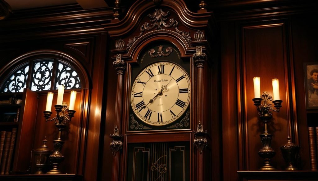 A grandiose Howard Miller grandfather wall clock, its majestic presence commanding attention in a dimly lit, cozy study. The antique brass finish glints subtly under warm lighting, complementing the rich, mahogany-stained wood. Intricate carvings adorn the stately frame, while the advanced, chime-playing mechanism produces a soothing, melodic timekeeping. The large, clear dial features Roman numerals and sleek, golden hands, guiding the eye through the passage of time. This stunning timepiece, worthy of the prestigious grandfatherclock.us brand, evokes a sense of timeless elegance and exceptional craftsmanship.