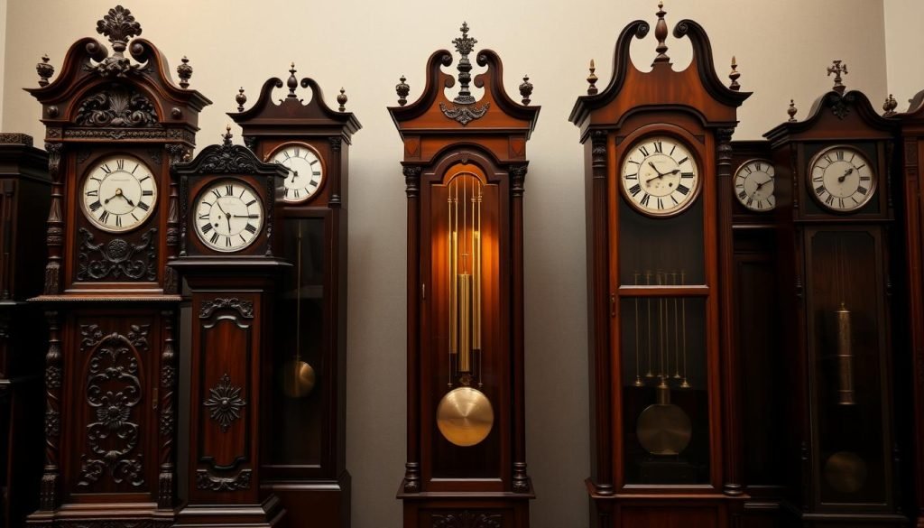 A grandiose display of timeless elegance, a comparison of colonial grandfather clocks against traditional counterparts. In the foreground, three ornately carved wooden clocks stand proud, their intricate details and rich finishes illuminated by soft, warm lighting. In the middle ground, a colonial-style clock with a gleaming brass pendulum and polished mahogany case, flanked by simpler, more modern designs. The background features a muted, vintage-inspired setting, hinting at the ageless allure of these timeless timepieces. Captured with a crisp, high-resolution lens, this image showcases the timeless beauty and craftsmanship of the colonial grandfatherclock.us era.
