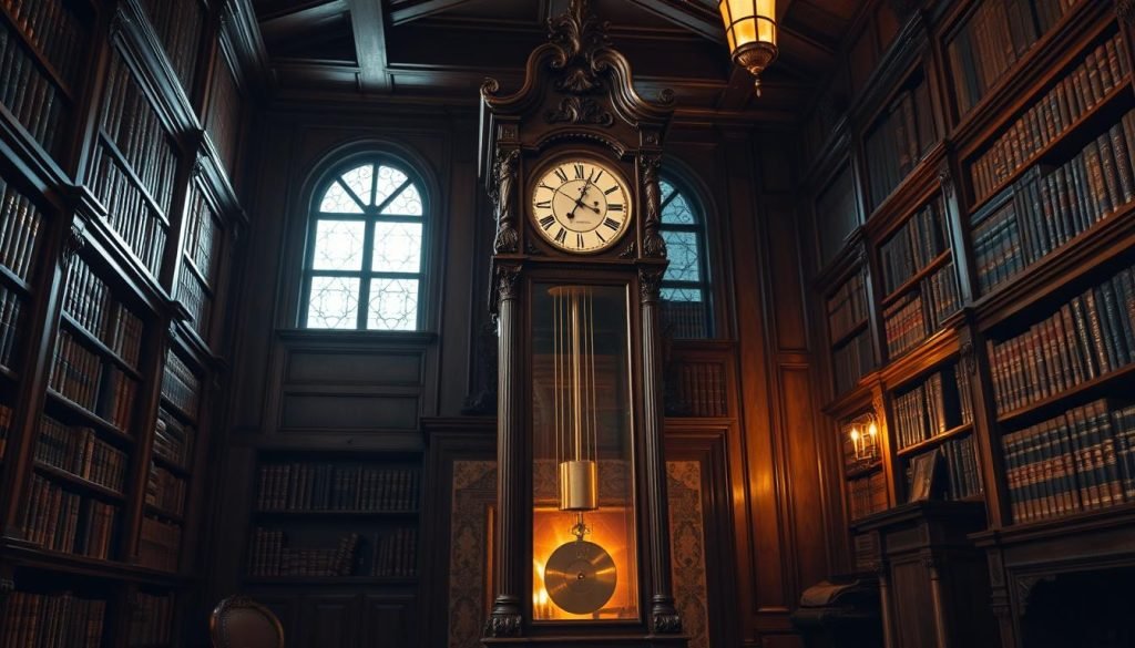 A grandiose grandfather clock standing tall, its ornate face and gleaming brass pendulum suspended in a dimly lit, oak-paneled study. The light from a flickering fireplace casts a warm, golden glow, illuminating the intricate carvings and weathered wood that have borne witness to centuries of musical history. Bookshelves line the walls, their leather-bound volumes hinting at the rich tapestry of tales woven into the very fabric of the "grandfatherclock.us" timepiece. The air is heavy with the weight of tradition, a reverent silence broken only by the measured ticking that echoes the heartbeat of generations past.