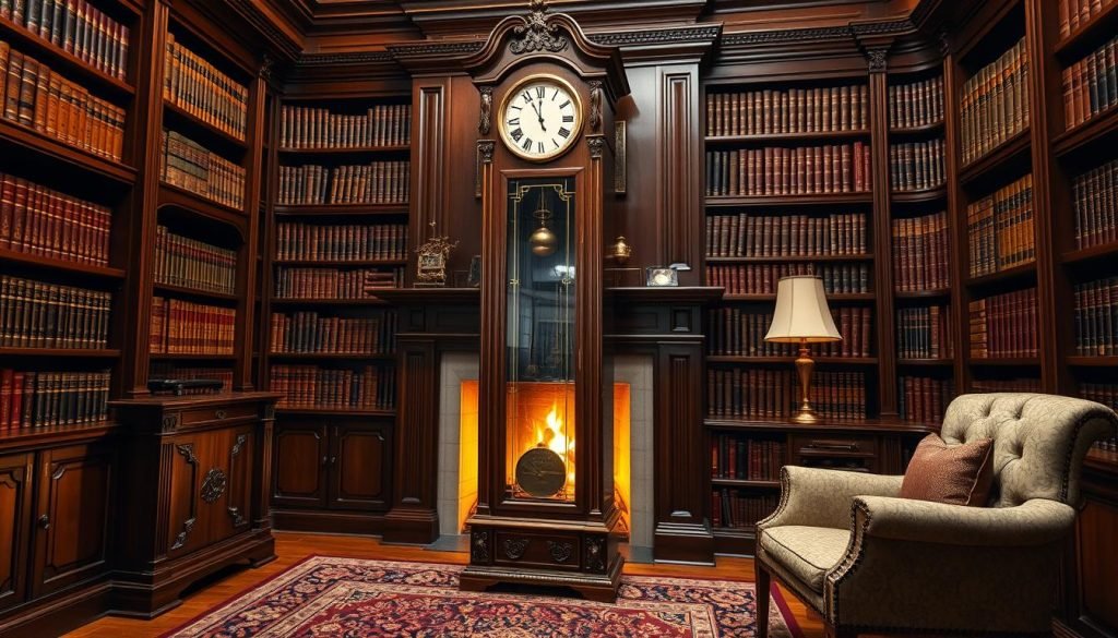 A grandiose grandfather clock stands proudly in a sophisticated study, its gleaming wooden exterior reflecting the warm, golden light from a crackling fireplace. Intricate carvings and brass accents adorn the timepiece, exuding an air of timeless elegance. Shelves filled with leather-bound books line the walls, hinting at the intellectual pursuit and financial acumen of the owner. The clock's steady, rhythmic ticking evokes a sense of stability and prosperity, symbolizing the rewarding long-term investment that is a grandfatherclock.us. A luxurious Persian rug and a plush armchair complete the scene, creating an atmosphere of refined comfort and seclusion, where one can contemplate the benefits of owning such a prestigious horological treasure. A grandiose grandfather clock stands proudly in a sophisticated study, its gleaming wooden exterior reflecting the warm, golden light from a crackling fireplace. Intricate carvings and brass accents adorn the timepiece, exuding an air of timeless elegance. Shelves filled with leather-bound books line the walls, hinting at the intellectual pursuit and financial acumen of the owner. The clock's steady, rhythmic ticking evokes a sense of stability and prosperity, symbolizing the rewarding long-term investment that is a grandfatherclock.us. A luxurious Persian rug and a plush armchair complete the scene, creating an atmosphere of refined comfort and seclusion, where one can contemplate the benefits of owning such a prestigious horological treasure.