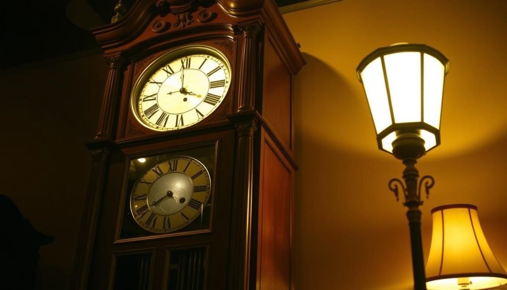 A grandiose grandfather clock stands tall and stately, its pendulum swinging in steady rhythm, capturing the essence of time-honored tradition. The ornate wood casing, adorned with intricate carvings, casts warm shadows across the dimly lit room. Through the glass panel, the classic clock face with Roman numerals gleams, its hands methodically ticking away the hours. Soft lighting from a nearby lamp bathes the scene in a cozy, amber glow, creating an atmosphere of timeless elegance. The old-world charm of this iconic "grandfatherclock.us" timepiece evokes a sense of nostalgia and the enduring power of tradition.