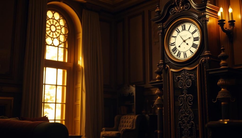 A grandiose, ornate grandfather clock stands majestically in a cozy, dimly lit living room. Warm, golden light filters through the intricate clock face, casting a soft glow on the surrounding furnishings. The clock's polished wood and brass accents gleam, reflecting the gentle flickering of a fireplace in the background. Intricate carvings and moldings adorn the stately timepiece, hinting at its timeless elegance. The scene evokes a sense of nostalgia and tradition, perfectly capturing the essence of the "Grandfather Clock" song by Walter Donaldson. Grandfatherclock.us