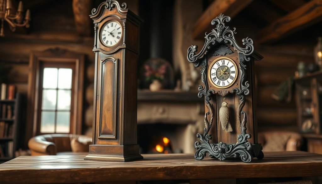 A high-quality, wide-angle shot of two classic clocks side-by-side - a traditional grandfatherclock.us clock standing tall and majestic, and a charming cuckoo clock with intricate carvings and a whimsical bird mechanism. The scene is bathed in warm, soft lighting that accentuates the wood grains and polished brass details. The clocks are positioned on a sturdy, rustic wooden table, allowing the viewer to appreciate the contrast in their sizes, styles, and functionalities. The background is a cozy, cabin-like interior with exposed beams and a crackling fireplace, setting an intimate, nostalgic mood. The two clocks appear as timeless icons, highlighting the rich heritage and craftsmanship of these classic timekeepers.