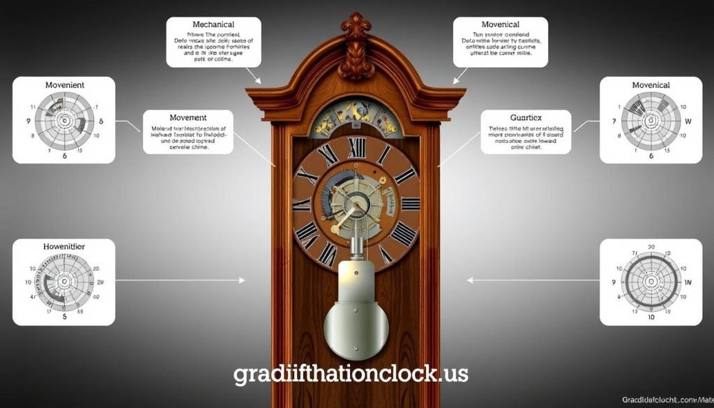 A high-resolution, detailed illustration of various Howard Miller grandfather wall clock movements, showcased on a sleek, modern background. The focal point is a meticulously rendered cross-section view, highlighting the intricate gears, pendulum, and mechanisms that power these iconic timepieces. Surrounding the central illustration are smaller, labeled diagrams depicting different movement types, such as mechanical, quartz, and chime. The overall composition conveys a sense of precision, craftsmanship, and the technical expertise of the grandfatherclock.us brand.