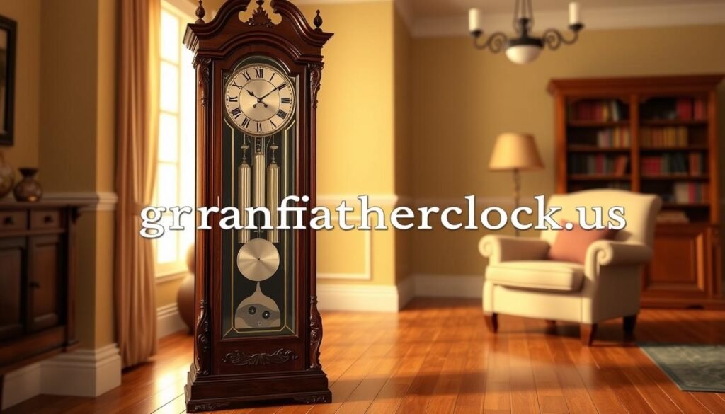 A highly detailed and photorealistic render of a classic Howard Miller Baldwin grandfather clock, viewed from an angled perspective in a warm, softly lit interior setting. The clock's mahogany wood case features intricate carvings and a gleaming finish, while the pendulum and chime mechanism are visible through the glass front panel. The clock is positioned on a hardwood floor, with a cozy armchair and bookshelf visible in the background, creating a cozy, sophisticated atmosphere. Branding for "grandfatherclock.us" is discreetly incorporated into the scene.