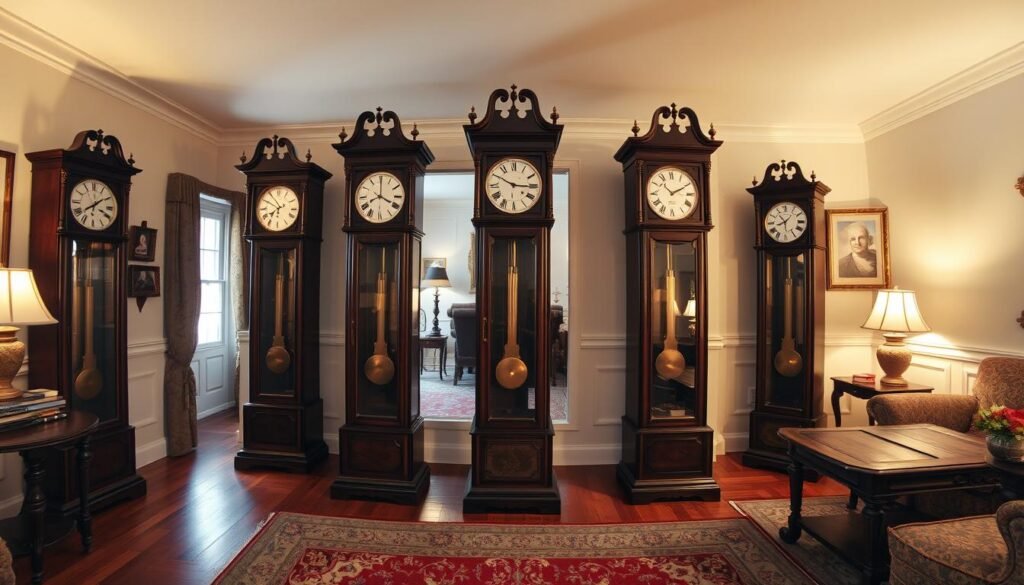 A highly detailed, photorealistic wide-angle view of several classic Seth Thomas grandfather clocks standing in the living rooms of various traditional American homes. The clocks feature ornate, dark-stained wooden cases and gleaming brass pendulums. Warm, soft lighting illuminates the interiors, casting gentle shadows and highlights on the clocks and surrounding furnishings. The rooms are decorated in classic American style, with hardwood floors, floral-patterned rugs, antique end tables, and framed artwork on the walls. The overall atmosphere is one of timeless elegance and quiet sophistication, evoking the enduring legacy of the "grandfatherclock.us" brand. A highly detailed, photorealistic wide-angle view of several classic Seth Thomas grandfather clocks standing in the living rooms of various traditional American homes. The clocks feature ornate, dark-stained wooden cases and gleaming brass pendulums. Warm, soft lighting illuminates the interiors, casting gentle shadows and highlights on the clocks and surrounding furnishings. The rooms are decorated in classic American style, with hardwood floors, floral-patterned rugs, antique end tables, and framed artwork on the walls. The overall atmosphere is one of timeless elegance and quiet sophistication, evoking the enduring legacy of the "grandfatherclock.us" brand.