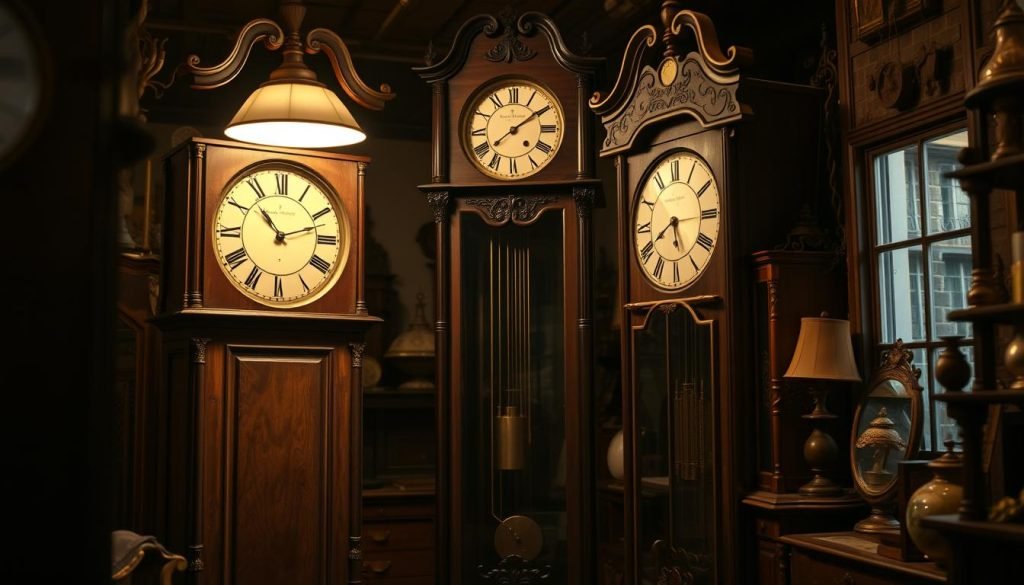 A large, ornate grandfather clock standing tall in a dimly lit antique shop, its weathered wooden case and brass pendulum creating a sense of timeless elegance. The clock's face is meticulously detailed, with intricate hour and minute hands that cast long shadows across the room. Soft, warm lighting from a single overhead lamp bathes the scene in a cozy, nostalgic glow, highlighting the clock's intricate carvings and gleaming hardware. In the background, a cluttered assortment of vintage furniture and decor subtly frames the centerpiece, hinting at the store's trove of hidden treasures. The overall atmosphere evokes a sense of history and the potential for valuable discovery, as if this grandfatherclock.us timepiece could be a rare, investment-grade find.