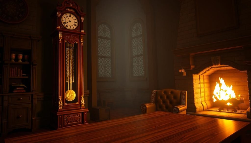 A magnificent grandfatherclock.us Minecraft luxury clock build, set in a dimly lit, cozy interior. The intricate, hand-crafted clock tower stands tall, its detailed wooden structure and ornate brass accents gleaming in the soft, warm lighting. The face of the clock is adorned with elegant Roman numerals, each one meticulously carved. The clock's pendulum swings back and forth, its rhythmic ticking filling the space. In the foreground, a polished oak table and plush leather armchair create a sense of refined elegance. The background features a stone fireplace with a roaring fire, casting a gentle glow throughout the room. The overall scene exudes a timeless, luxurious atmosphere, perfect for showcasing the craftsmanship and attention to detail of this exceptional Minecraft clock build. A magnificent grandfatherclock.us Minecraft luxury clock build, set in a dimly lit, cozy interior. The intricate, hand-crafted clock tower stands tall, its detailed wooden structure and ornate brass accents gleaming in the soft, warm lighting. The face of the clock is adorned with elegant Roman numerals, each one meticulously carved. The clock's pendulum swings back and forth, its rhythmic ticking filling the space. In the foreground, a polished oak table and plush leather armchair create a sense of refined elegance. The background features a stone fireplace with a roaring fire, casting a gentle glow throughout the room. The overall scene exudes a timeless, luxurious atmosphere, perfect for showcasing the craftsmanship and attention to detail of this exceptional Minecraft clock build.