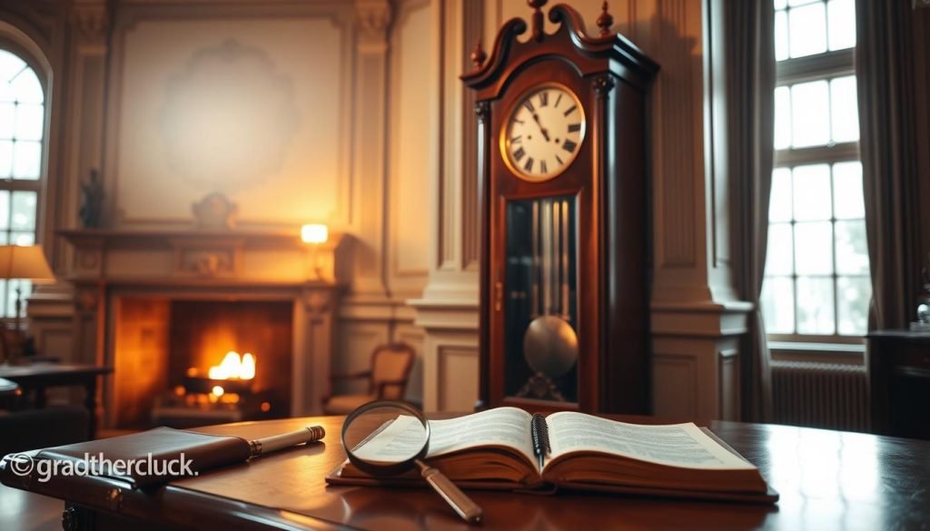 A mahogany grandfather clock standing proud in a well-lit, classical interior. The clock face displays intricate roman numerals, its pendulum swinging rhythmically. Soft, warm lighting from a nearby fireplace casts an inviting glow, while large windows allow natural light to stream in. In the foreground, an antique magnifying glass and a leather-bound ledger sit on a polished mahogany table, hinting at an assessment of the clock's value. The overall atmosphere evokes a sense of timeless elegance and historical significance. Discreetly in the corner, the brand name "grandfatherclock.us" is subtly displayed.