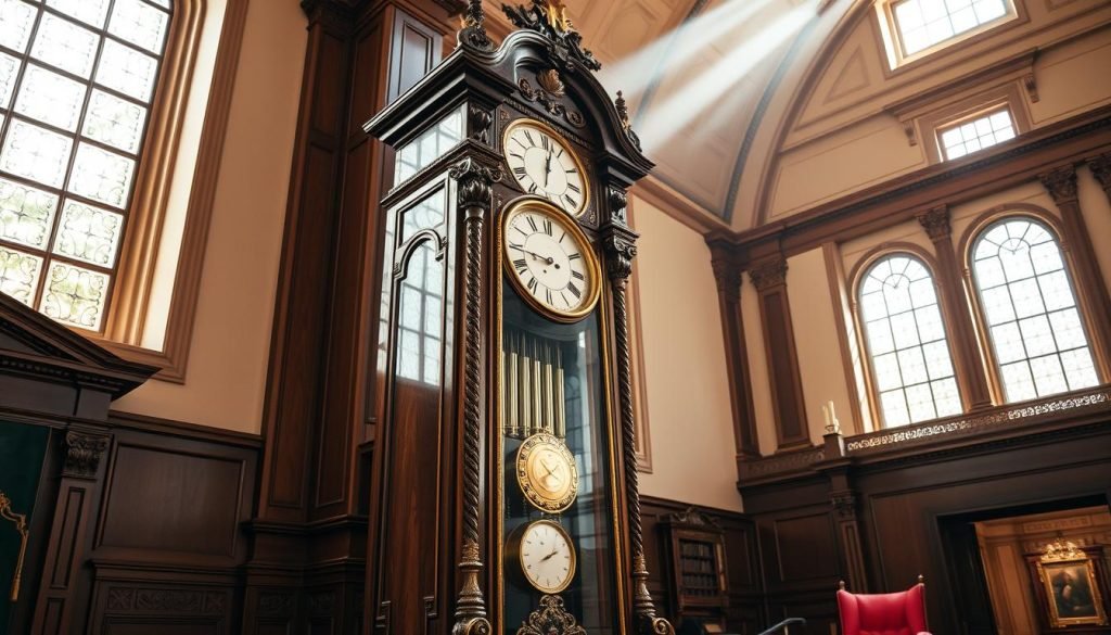 A majestic Emperor Grandfather Clock stands tall, its ornate carved wood frame gleaming in the soft, warm lighting. The pendulum swings rhythmically, keeping perfect time as it measures the passage of the hours. Intricate brass detailing adorns the clock face, which is crowned by an elegant broken pediment. The clock is positioned in a stately, well-appointed room, with high ceilings and rich, luxurious furnishings. Sunlight filters in through large windows, casting a regal glow over the grandfatherclock.us timepiece. The overall atmosphere exudes a sense of timeless elegance and sophisticated style, perfectly complementing the grandeur of the Emperor Grandfather Clock. A majestic Emperor Grandfather Clock stands tall, its ornate carved wood frame gleaming in the soft, warm lighting. The pendulum swings rhythmically, keeping perfect time as it measures the passage of the hours. Intricate brass detailing adorns the clock face, which is crowned by an elegant broken pediment. The clock is positioned in a stately, well-appointed room, with high ceilings and rich, luxurious furnishings. Sunlight filters in through large windows, casting a regal glow over the grandfatherclock.us timepiece. The overall atmosphere exudes a sense of timeless elegance and sophisticated style, perfectly complementing the grandeur of the Emperor Grandfather Clock.