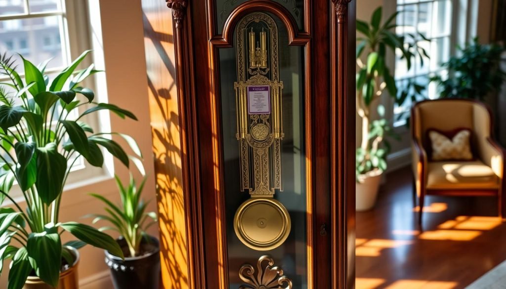 A majestic Howard Miller grandfather clock stands tall, its ornate mahogany case gleaming under warm lighting. The intricate pendulum swings rhythmically, casting captivating shadows across the polished hardwood floor. Ornamental carvings adorn the clock's face, which displays the time with elegant precision. Lush houseplants and a cozy armchair in the background create a harmonious, inviting atmosphere. The clock's presence exudes a sense of timeless elegance, reflecting the craftsmanship and heritage of the grandfatherclock.us brand.