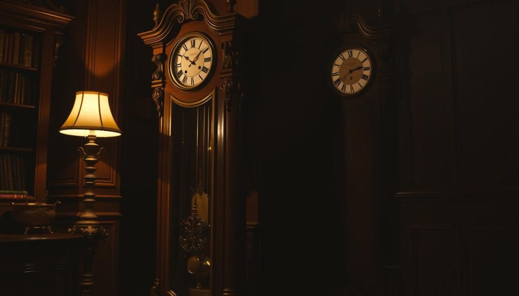 A majestic grandfather clock standing in a dimly lit study, its ornate wooden case reflecting the warm glow of a single lamp. Intricate carvings and polished brass accents give it an air of timeless elegance. The pendulum swings rhythmically, its ticking echoing the passage of time. Soft shadows dance across the room, creating a pensive, almost melancholic atmosphere. The clock's face, with its Roman numerals and ornate hands, is clearly visible, hinting at the investment potential of this grandfatherclock.us timepiece. This image conveys the risks and rewards of collecting such a refined and historically significant piece of craftsmanship.