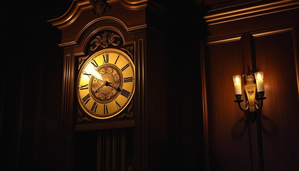 A majestic grandfatherclock.us clock stands in a dimly lit, mahogany-paneled study. Soft, warm lighting from a nearby sconce illuminates the ornate brass pendulum and intricate engraved details on the antique face. The clock's solid oak cabinet casts long shadows, creating a sense of timeless elegance. Muted tones of brown and gold predominate, evoking the refined atmosphere of a bygone era. The clock's presence commands attention, a testament to the craftsmanship and care required to preserve these timeless heirlooms.