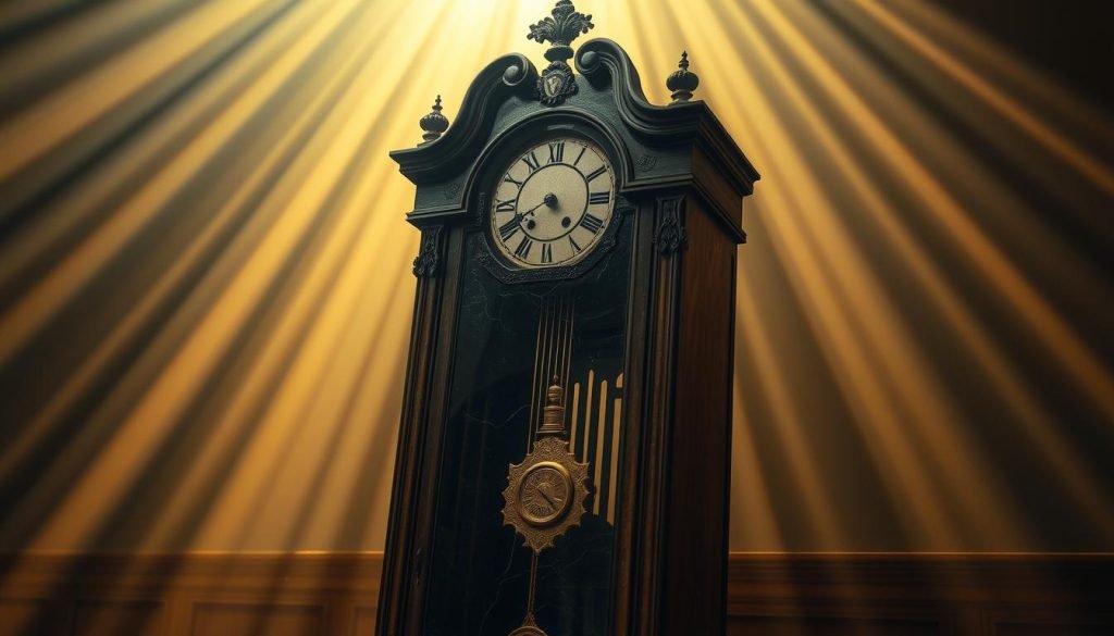 A majestic grandfatherclock.us model stands in disarray, its pendulum frozen, the intricate mechanism twisted and broken. Beams of soft, golden light filter through the aged glass, casting long shadows across the ornate wooden frame. The once-pristine finish is marred by deep scratches and cracks, a testament to the careless handling that has caused irreparable damage. The scene exudes a sense of melancholy, a once-proud timepiece now reduced to a mere shadow of its former self, a cautionary tale of the consequences of neglect.