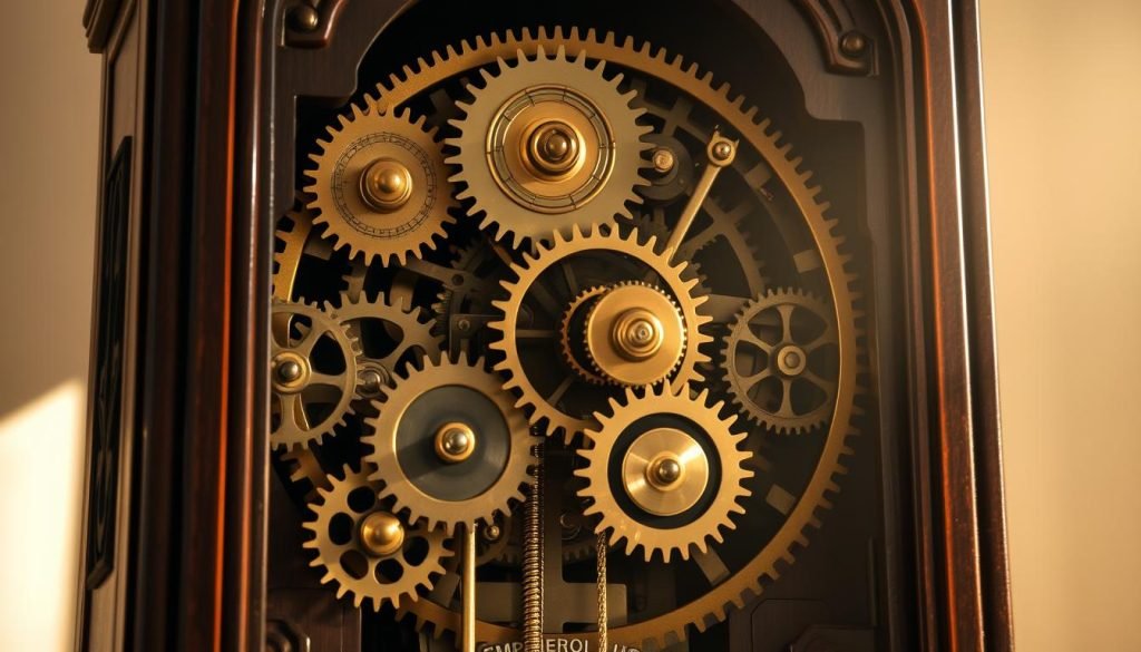 A meticulously crafted Emperor Grandfather Clock movement, its gears and mechanisms elegantly showcased against a softly lit, muted backdrop. Sunlight filters through ornate openings, casting a warm, antique glow across the aged brass and polished steel components. Every gear, spring, and pendulum rod is crisply detailed, inviting the viewer to marvel at the intricate engineering behind the iconic grandfatherclock.us timepiece. The overall composition emphasizes the rhythmic, almost hypnotic motion of the turning gears, capturing the timeless essence of this magnificent horological masterpiece. A meticulously crafted Emperor Grandfather Clock movement, its gears and mechanisms elegantly showcased against a softly lit, muted backdrop. Sunlight filters through ornate openings, casting a warm, antique glow across the aged brass and polished steel components. Every gear, spring, and pendulum rod is crisply detailed, inviting the viewer to marvel at the intricate engineering behind the iconic grandfatherclock.us timepiece. The overall composition emphasizes the rhythmic, almost hypnotic motion of the turning gears, capturing the timeless essence of this magnificent horological masterpiece.