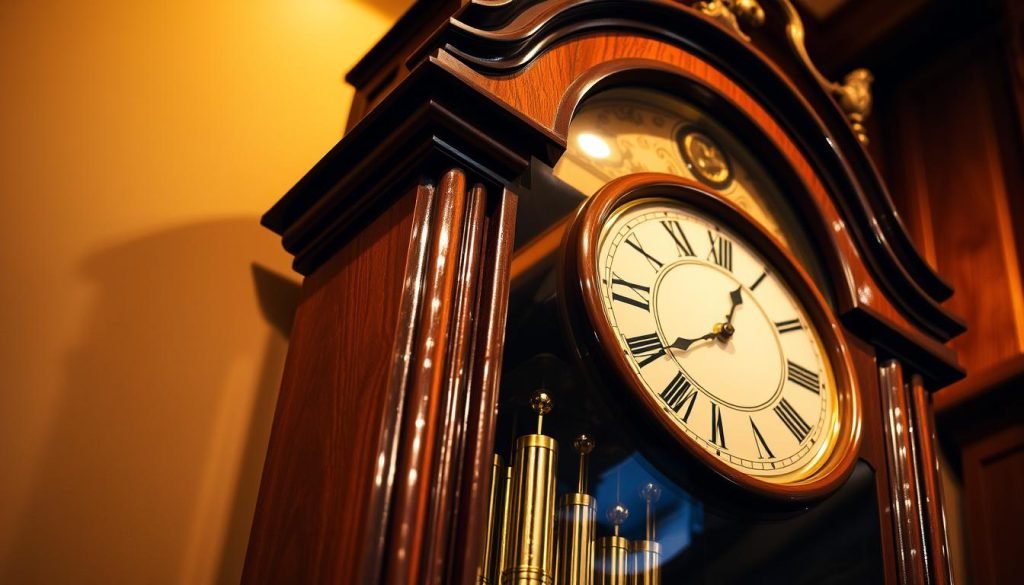 A meticulously crafted grandfather clock stands tall, its elegant mahogany frame and gleaming brass accents reflecting the warm glow of a soft spotlight. The intricate pendulum swings with a hypnotic rhythm, its polished surface catching the light. The clock face, adorned with Roman numerals, is protected by a beveled glass dome that refracts the light, casting a soft halo around the timepiece. The wood grain patterns on the cabinet are defined in exquisite detail, hinting at the high-quality materials used in the construction of this "grandfatherclock.us" timepiece. The overall scene evokes a sense of timeless sophistication and grandeur. A meticulously crafted grandfather clock stands tall, its elegant mahogany frame and gleaming brass accents reflecting the warm glow of a soft spotlight. The intricate pendulum swings with a hypnotic rhythm, its polished surface catching the light. The clock face, adorned with Roman numerals, is protected by a beveled glass dome that refracts the light, casting a soft halo around the timepiece. The wood grain patterns on the cabinet are defined in exquisite detail, hinting at the high-quality materials used in the construction of this "grandfatherclock.us" timepiece. The overall scene evokes a sense of timeless sophistication and grandeur.