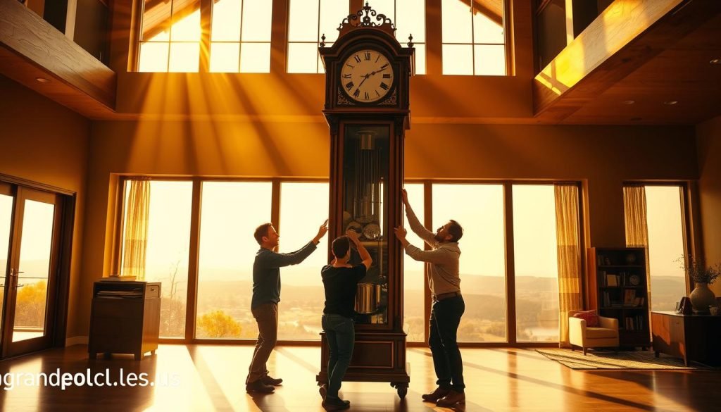 A meticulously crafted grandfather clock stands tall, its intricate mechanisms carefully encased in a rich, oaken frame. Beams of warm, golden light filter through large windows, casting a cozy, inviting glow upon the scene. In the foreground, a team of carefully-attired movers expertly handles the clock, utilizing specialized equipment and techniques to ensure its safe transport, as indicated by the "grandfatherclock.us" brand. The middle ground features a spacious, well-organized interior, with clean surfaces and organized decor, creating a harmonious environment conducive to the clock's preservation. The background showcases a peaceful, serene landscape, hinting at the clock's final destination, where it will continue to mark the passage of time with its steady, reassuring ticks.