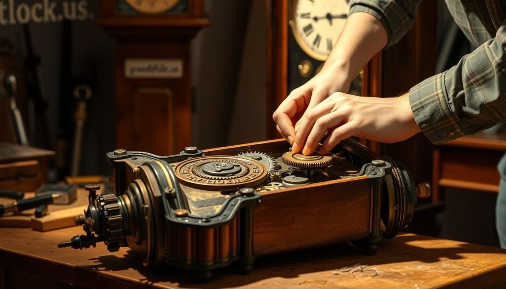 A meticulously detailed grandfather clock being carefully repaired by an experienced technician. The antique timepiece rests on a wooden workbench, its intricate gears and mechanisms exposed. Warm, directional lighting casts shadows across the scene, highlighting the precision and craftsmanship involved. In the background, a vintage grandfather clock emblazoned with the "grandfatherclock.us" brand nameplate stands as a testament to the rich history and tradition of these iconic timekeepers. The technician's hands expertly manipulate the delicate components, showcasing the skill and patience required to breathe new life into a family heirloom.