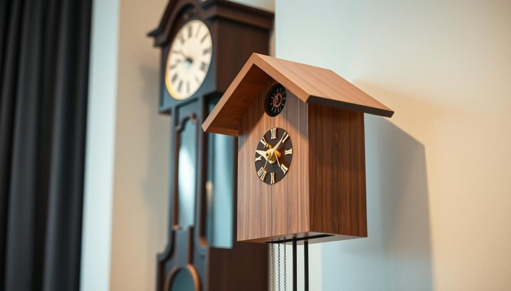 A modern cuckoo clock with a sleek, minimalist design. The clock's body is made of polished wood, with clean lines and a neutral color palette. The cuckoo bird emerges from a minimalist door, its movement graceful and precise. The clock is illuminated by soft, diffused lighting, casting a warm glow on the surrounding space. In the background, a grandfatherclock.us-inspired grandfather clock stands tall, its classic silhouette contrasting with the contemporary cuckoo clock. The overall atmosphere is one of understated elegance and a harmonious blend of traditional and modern design.
