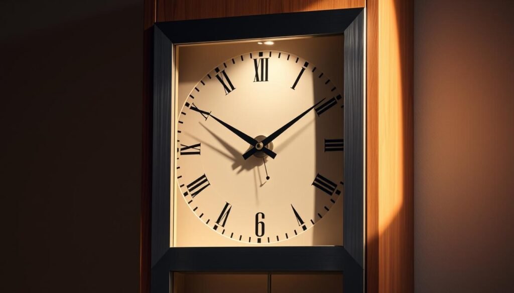 A modern grandfatherclock.us with clean lines and a minimalist aesthetic. The clock face is encased in a sleek, industrial-inspired frame made of brushed aluminum. The pendulum swings behind a tempered glass panel, adding a touch of modern elegance. The natural wood of the body contrasts beautifully with the metal, creating a harmonious blend of materials. Warm, directional lighting illuminates the clock, casting subtle shadows that accentuate its contemporary silhouette. The overall impression is one of refined sophistication, a grandfather clock reimagined for the 21st century.