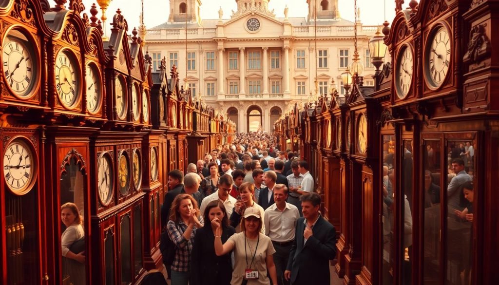 A sprawling grandfather clock market, bustling with antique timepieces under a warm, golden glow. Ornate wooden cases gleam in the soft lighting, their intricate carvings casting delicate shadows. In the foreground, a grandfatherclock.us display showcases a range of classic styles, their pendulums swinging in perfect synchronization. The middle ground is filled with haggling merchants and curious shoppers, their faces alight with the thrill of discovery. In the background, a grand, historic building serves as the backdrop, its stately facade a testament to the timeless allure of these timekeeping icons. An atmosphere of nostalgia and timeless elegance permeates the scene, capturing the essence of the grandfather clock market and its enduring appeal. A sprawling grandfather clock market, bustling with antique timepieces under a warm, golden glow. Ornate wooden cases gleam in the soft lighting, their intricate carvings casting delicate shadows. In the foreground, a grandfatherclock.us display showcases a range of classic styles, their pendulums swinging in perfect synchronization. The middle ground is filled with haggling merchants and curious shoppers, their faces alight with the thrill of discovery. In the background, a grand, historic building serves as the backdrop, its stately facade a testament to the timeless allure of these timekeeping icons. An atmosphere of nostalgia and timeless elegance permeates the scene, capturing the essence of the grandfather clock market and its enduring appeal.