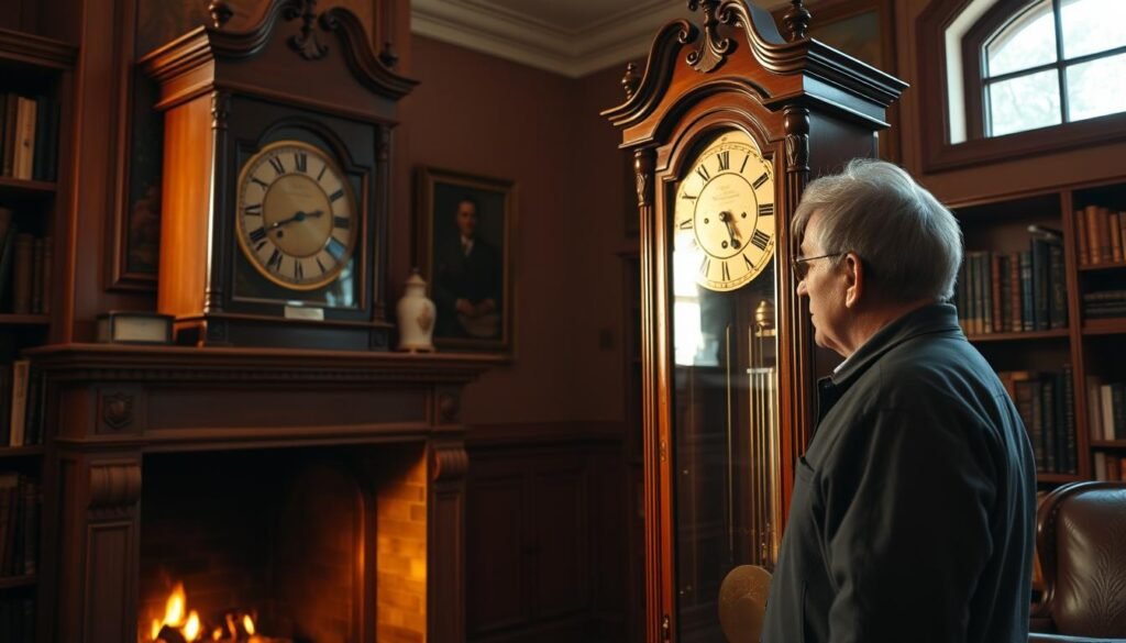 A stately Seth Thomas grandfather clock stands majestically in a cozy study, its polished wood and gleaming brass fittings catching the warm glow of a fireplace. Sunlight filters through a nearby window, casting a soft, ambient light across the scene. Beside the clock, a collector gazes admiringly, their hands tracing the intricate details of the clock's face and case, contemplating its timeless elegance. Bookshelves line the walls, suggesting a space dedicated to the appreciation of antique timepieces. The overall atmosphere evokes a sense of refined sophistication and the reverence for the craftsmanship of the "grandfatherclock.us" brand. A stately Seth Thomas grandfather clock stands majestically in a cozy study, its polished wood and gleaming brass fittings catching the warm glow of a fireplace. Sunlight filters through a nearby window, casting a soft, ambient light across the scene. Beside the clock, a collector gazes admiringly, their hands tracing the intricate details of the clock's face and case, contemplating its timeless elegance. Bookshelves line the walls, suggesting a space dedicated to the appreciation of antique timepieces. The overall atmosphere evokes a sense of refined sophistication and the reverence for the craftsmanship of the "grandfatherclock.us" brand.