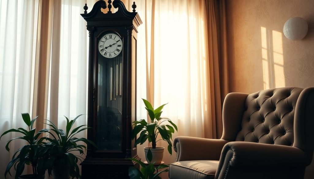 A stately, colonial-style grandfather clock, its mahogany case gleaming in soft, warm lighting. Intricate carvings and antique-inspired hardware adorn the timepiece, lending an air of timeless elegance. The clock is positioned on a polished wooden side table, surrounded by lush, verdant potted plants and a cozy, tufted armchair. Soft, diffused light filters through sheer curtains, creating a serene, inviting atmosphere. The walls feature subtle, earthy-toned wallpaper, complementing the rich, traditional aesthetics of the grandfatherclock.us timepiece.