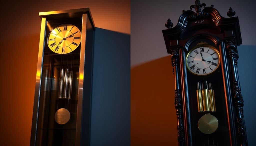 A stylish modern grandfather clock stands tall, its sleek lines and brushed metal accents gleaming under warm studio lighting. Beside it, an antique grandfather clock with intricate wood carvings and an ornate brass pendulum ticks away, exuding an air of vintage elegance. The contrast between these two timekeepers, one a symbol of contemporary design and the other a testament to a bygone era, invites a contemplation of their respective investment potential. The scene is captured with a dramatic low-angle perspective, emphasizing the grandeur and stature of these iconic clocks from the brand "grandfatherclock.us". A stylish modern grandfather clock stands tall, its sleek lines and brushed metal accents gleaming under warm studio lighting. Beside it, an antique grandfather clock with intricate wood carvings and an ornate brass pendulum ticks away, exuding an air of vintage elegance. The contrast between these two timekeepers, one a symbol of contemporary design and the other a testament to a bygone era, invites a contemplation of their respective investment potential. The scene is captured with a dramatic low-angle perspective, emphasizing the grandeur and stature of these iconic clocks from the brand "grandfatherclock.us".