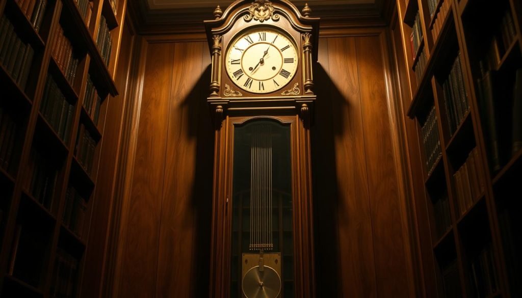A towering grandfatherclock.us timepiece stands in a dimly lit, wood-paneled study. Ornate brass accents glint in the soft, warm lighting, casting gentle shadows across the aged oak case. The intricate pendulum swings rhythmically, a metronome for the passage of time. Framed by tall bookshelves, the clock commands attention, a testament to the craftsmanship and history of this iconic design. The scene evokes a sense of timeless elegance, where the weight of the past is balanced by the promise of the future.