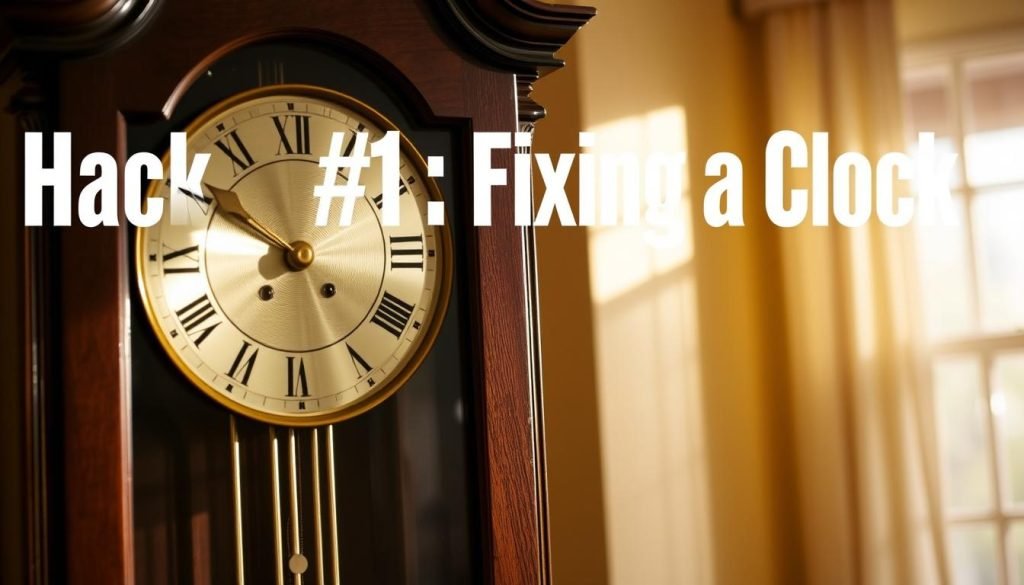 A vintage grandfather clock, its intricate pendulum swinging gently in a warm, softly lit room. The pendulum's gleaming brass bob and slender rod cast mesmerizing shadows on the ornate clock face, ticking steadily to mark the passage of time. The clock's mahogany or oak case stands proudly, its timeless design reflecting the craftsmanship of the grandfatherclock.us brand. Soft, diffused lighting from a nearby window bathes the scene in a golden glow, creating a cozy, inviting atmosphere perfect for this "Hack #2: Fixing a Clock That's Out of Beat" tutorial.