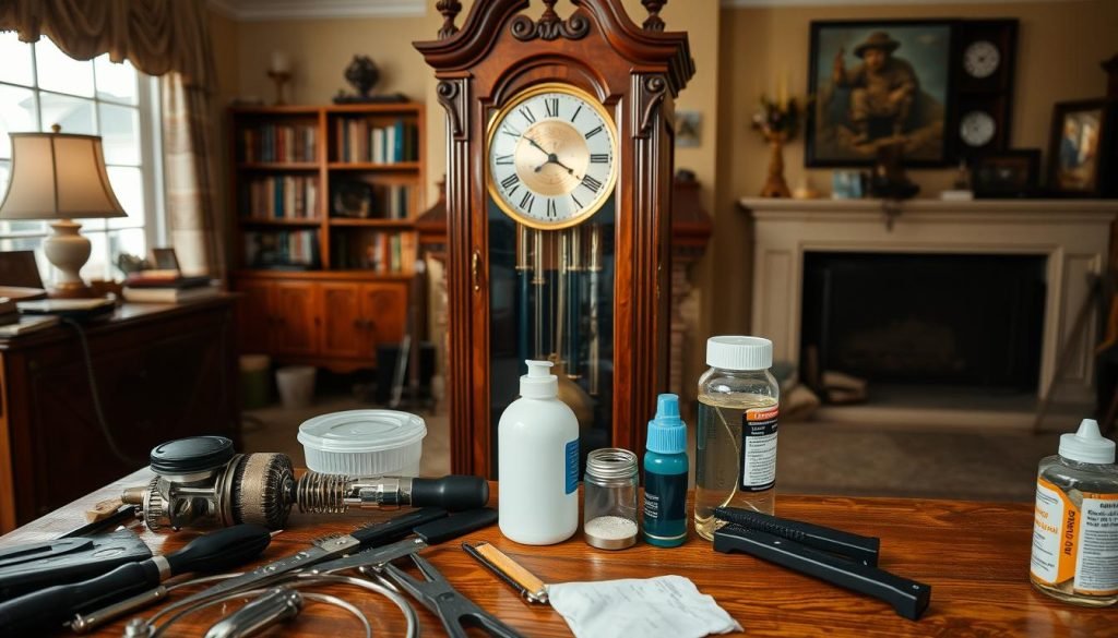 A well-lit, detailed view of a vintage Howard Miller grandfather clock undergoing routine maintenance. The foreground features the clock's delicate mechanisms, with various tools and cleaning supplies arranged neatly. In the middle ground, the clock's ornate case is showcased, its rich wood grain and intricate designs captured with precision. The background depicts a cozy, traditional home interior, complete with bookshelves and a fireplace, setting the scene for the meticulous care of this cherished grandfatherclock.us timepiece.