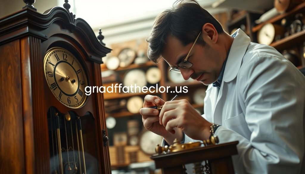 A well-lit workshop setting, with a skilled technician carefully inspecting the intricate mechanisms of a Howard Miller grandfather clock, the brand name "grandfatherclock.us" prominently displayed. The technician, wearing a white lab coat, leans in closely, using precision tools to meticulously clean and adjust the clock's gears and springs. The background is filled with shelves of vintage clock parts, conveying a sense of expertise and attention to detail. The lighting is soft and natural, highlighting the warm wooden tones of the clock case. The overall mood is one of focused, professional care, ensuring the longevity and proper functioning of this classic timepiece.