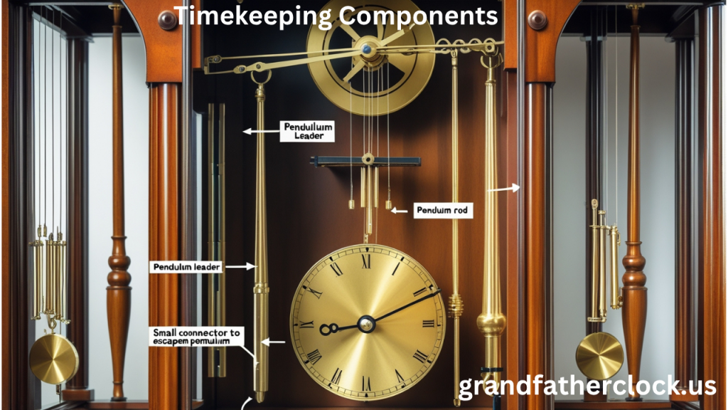 Labeled illustration of grandfather clock pendulum system showing pendulum rod, bob, leader, and crutch in detail.