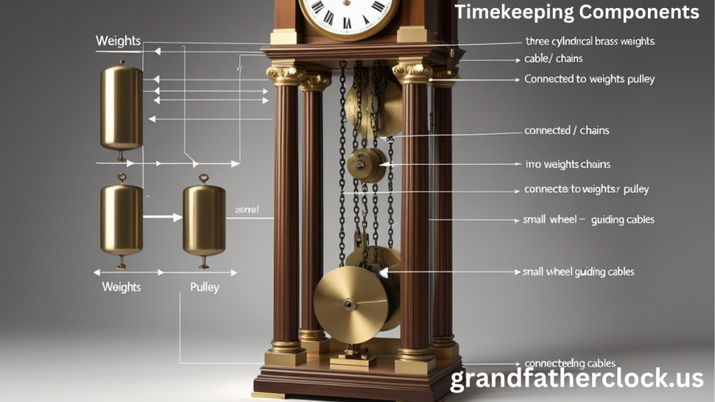 Diagram of grandfather clock power source with labeled weights, cables, and pulleys in the case