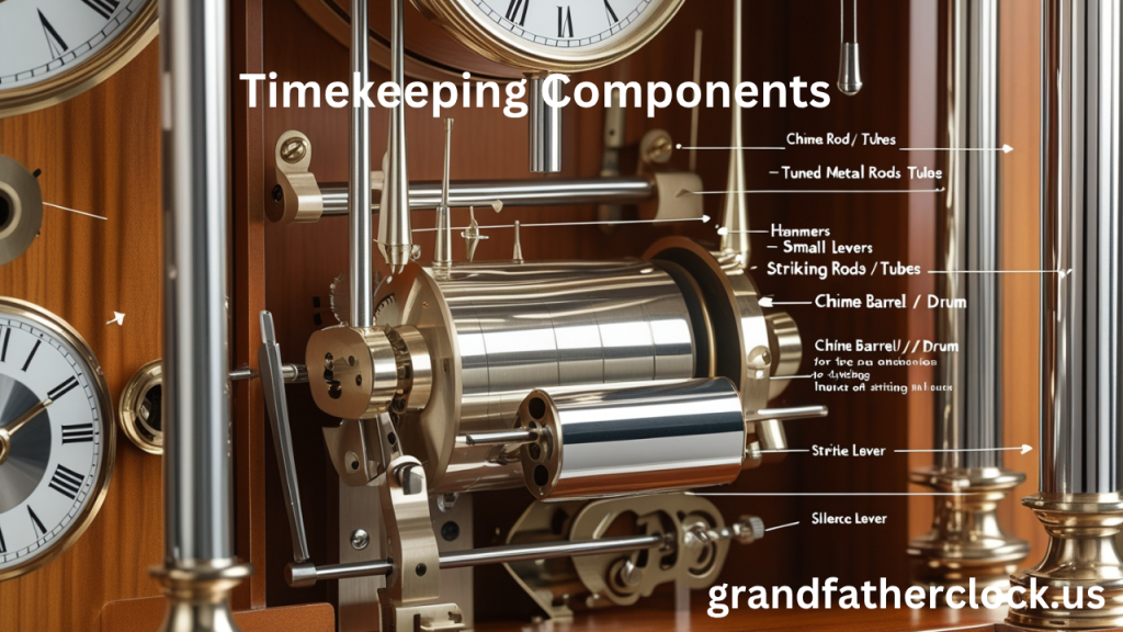 Labeled view of grandfather clock chime and strike mechanism showing rods, hammers, barrel, strike train, and silence lever