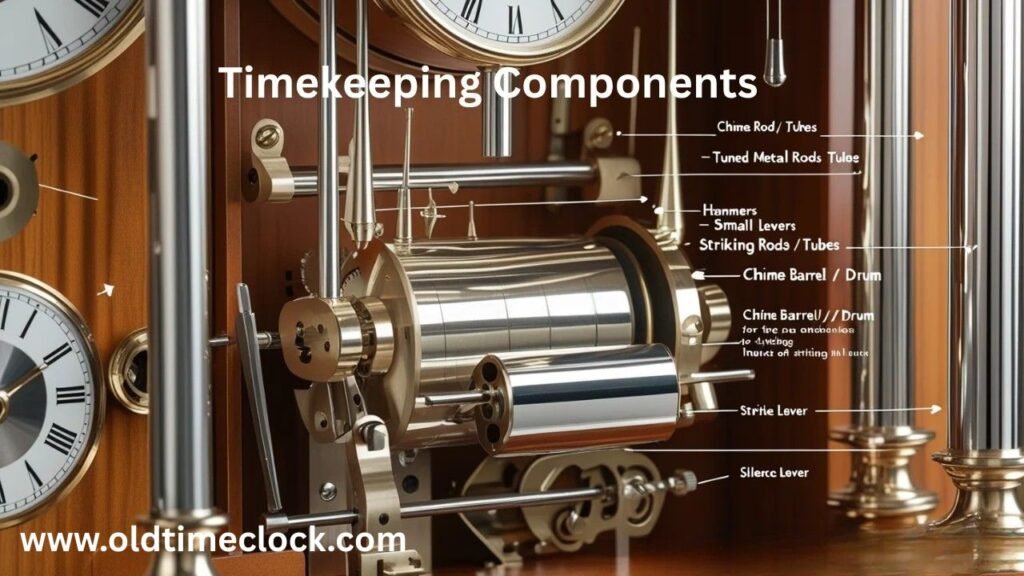 Labeled view of grandfather clock chime and strike mechanism showing rods, hammers, barrel, strike train, and silence lever