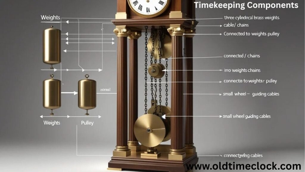 Diagram of grandfather clock power source with labeled weights, cables, and pulleys in the case