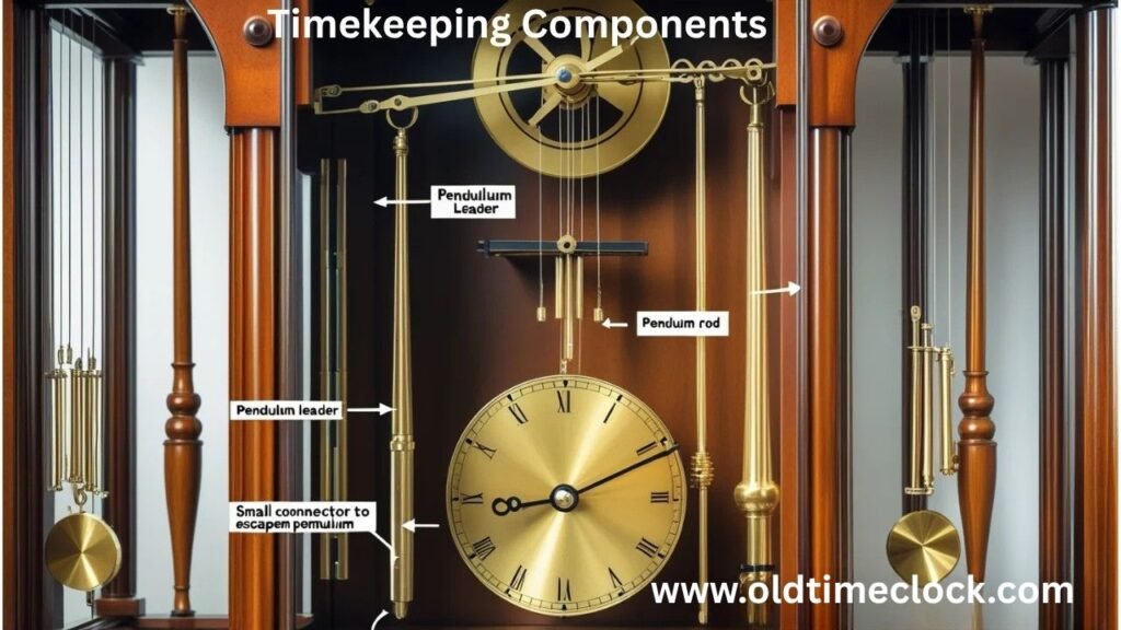 Labeled illustration of grandfather clock pendulum system showing pendulum rod, bob, leader, and crutch in detail.