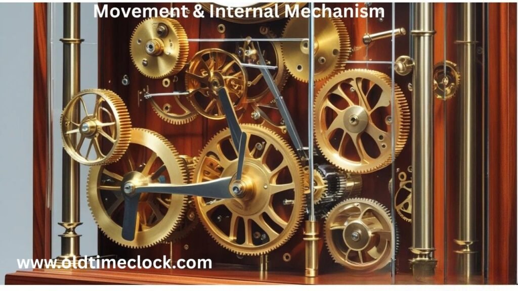 Labeled cutaway of grandfather clock movement showing gears, escapement, anchor, arbors, and bushings inside the wooden case.