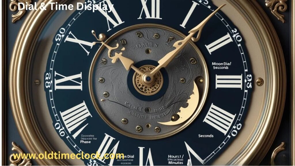 Detailed illustration of grandfather clock dial with labeled parts including hands, chapter ring, moon phase, date aperture, and spandrels.