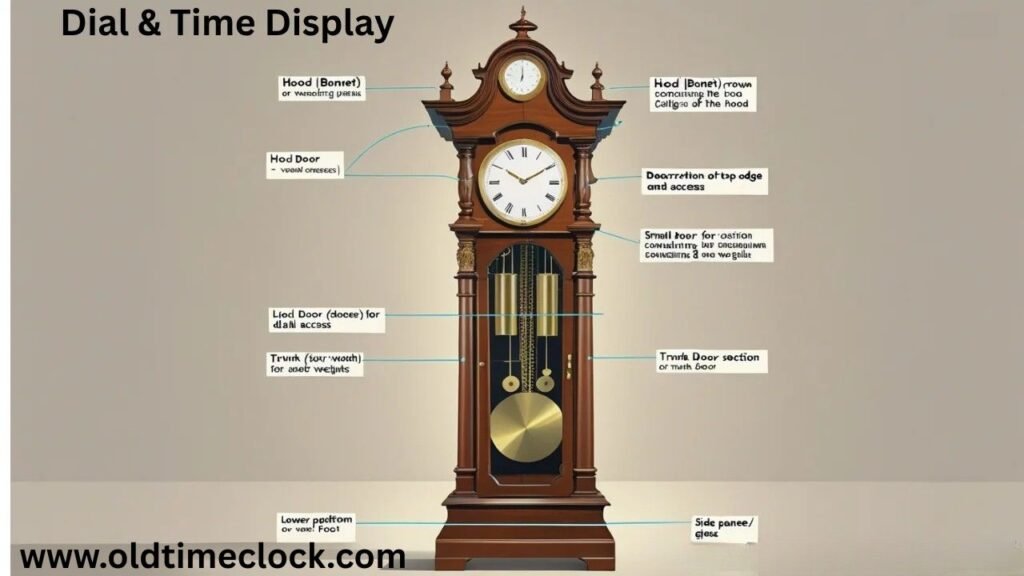 Labeled diagram of a grandfather clock exterior showing hood, crown, finial, trunk, base, plinth, and side glass panels.